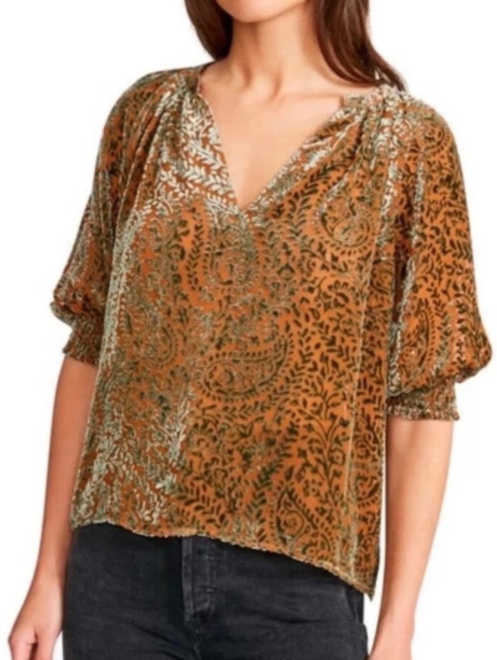 BB Dakota Orange/Green Paisley Burnout Velvet Short-Sleeve Peasant Top, Sz XS! 🍁
